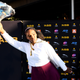 Serena Williams of USA celebrates with the trophy after winning the final match against Jessica Pegula of USA at ASB Tennis Centre on Jan. 12, 2020, in Auckland, New Zealand